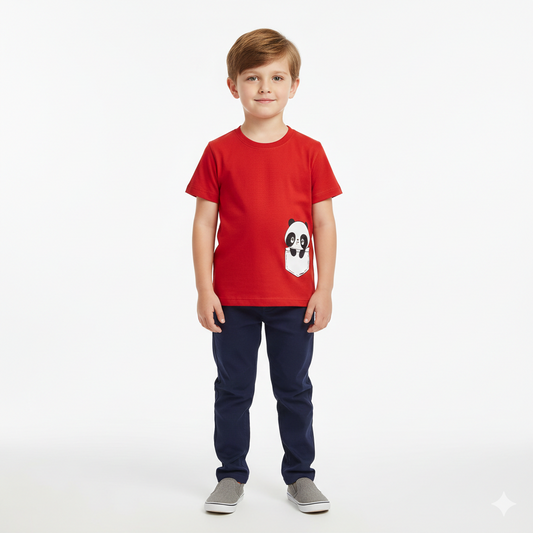 Cute Panda Red T-Shirt with Blue Jeans